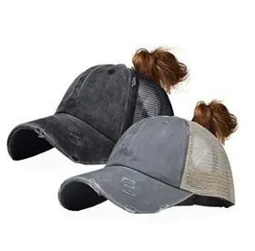 Eohak 714434186888 Distressed Ponytail Hats Baseball For Women Messy-bun Pony 7-7 3/8 Black Grey