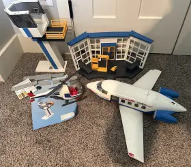 3908 Playmobil 000309134648 5338 Airport Tower 5395 Plane Helicopter Lot Incomplete
