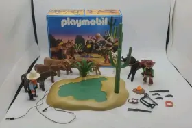 3801 Playmobil 027712078011 Cattle Ranch Western Set W / Cowboys Horses Cactus Pond Box 1989