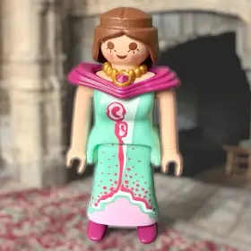 30-14-5160 Playmobil Noblewoman Fig. Long Teal And Magenta Dress W Necklace Brown Braid 5145