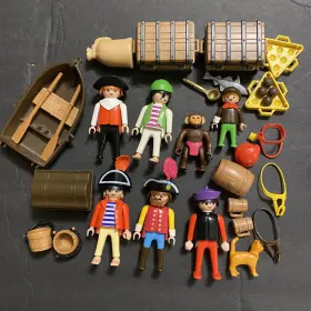 3050 Playmobil Lot Of 5 Figures Pirate Treasure Chests Cat Monkey Accessory Vtg #3050