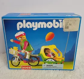30944464 Playmobil #3068 Bike Mother W Kid Trailer Set Vtg 1999 New Bear Flag Basket