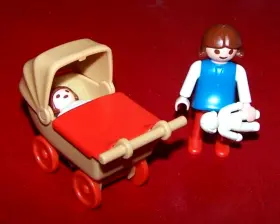 3592 Playmobil Vintage Brown Red Baby Buggy Carriage Stroller Pram Girl And Doll Lot