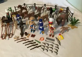 3729 Playmobil Vintage Geobra Western Lot Canon Indians Animals Bison Wagon Weapons