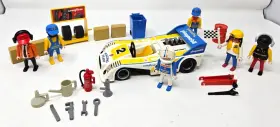 3738 Playmobil Vintage White Race Car With Pit Crew 6 Figures And Accessories