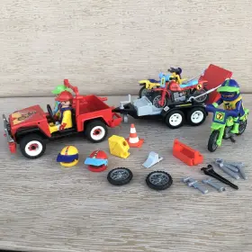 3698 Playmobil 3754 Vtg Racing Jeep Trailer Figures 1988 Model And Motocross