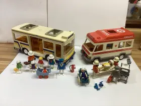 3782-3456 Playmobil Vintage 3782 City Bus And 3456 Ambulance With Red Roof Sets Used