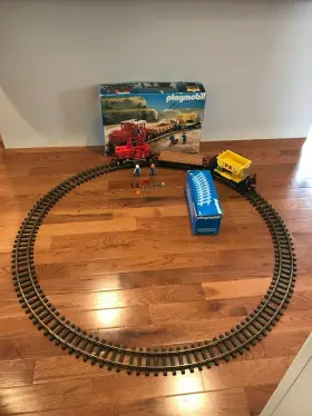 4027 Playmobil Geobra Diesel Freight Train Engine Two Car Track Figures With Box