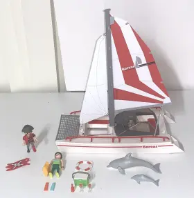 5130 Playmobil Catamaran And Dolphins Playset Bonus Pirate Figure Boat Floats 2010