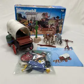 5248 Playmobil Western Covered Wagon With Raiders Cowboys Nearly Complete
