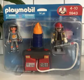 5943 Playmobil Deluxe Hazmat Firefighters Flaming Barrel - Brand New Retired