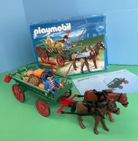 3246 Playmobil 6121 Horse-drawn Cart Farm Wagon Two Horses Complete All Produce Htf