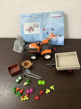 6537 Playmobil Front Loader Tractor And Trailer Basket Food Farm - No Org Box